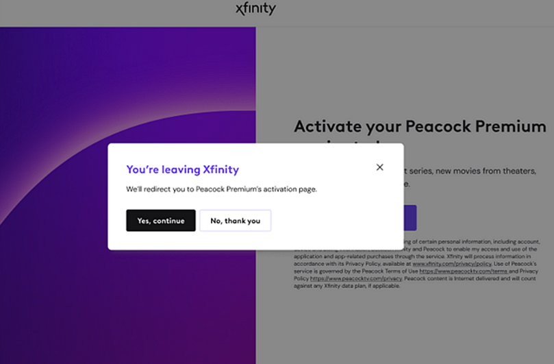 activation page for Peacock Premium in Xfinity